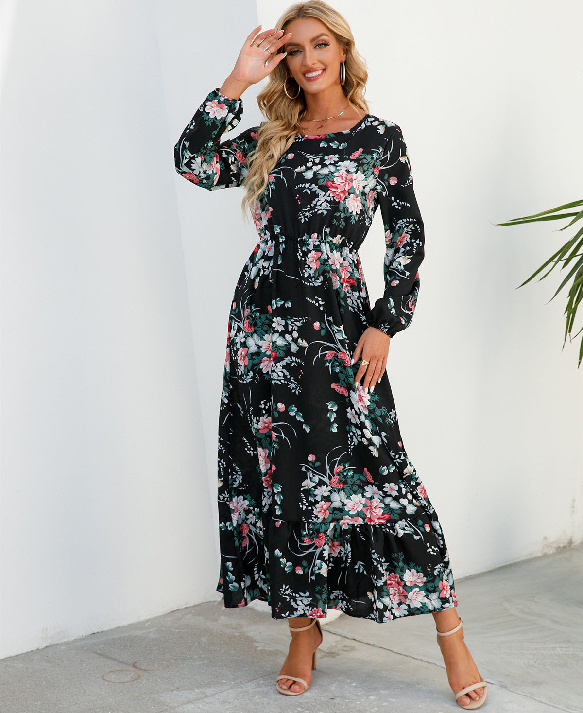Luvéra Damen vielseitiges Blumen-Chiffon-Kleid mit Rundhalsausschnitt