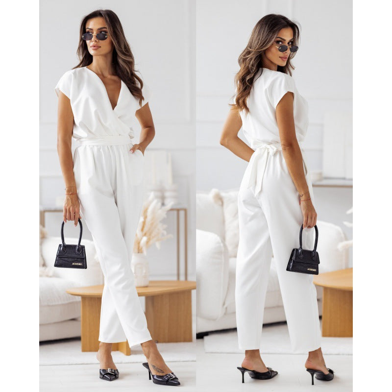 Luvéra Mode Einfarbig Abnehmen Kurzarm Overall Sommer Lace-up Hosen Frauen Kleidung