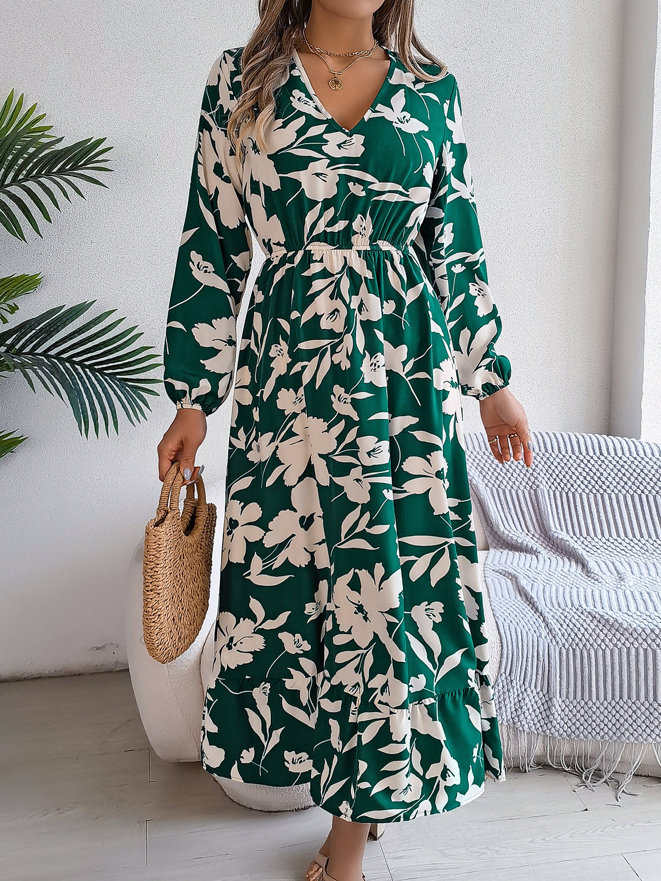 Luvéra Damen Freizeit Blumendruck Krawatte Taille Langarm Rüschen Kleid