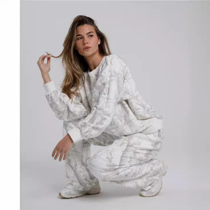 Luvéra Zwei Stück Sets Frauen Camouflage Hoodie Ahorn Blatt Druck Sweatshirt Anzug Sport Hoodie Sportswear