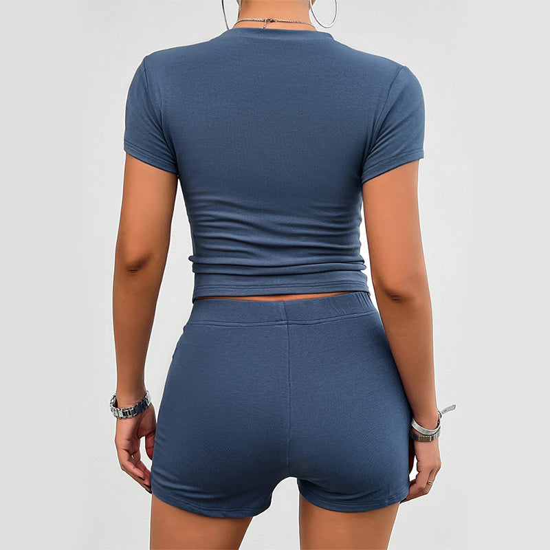 Luvéra Einfarbig Slim Sport Anzug 2 Paare kurzarm Rundhals T-shirt Und Elastische Shorts Mode Frauen Kleidung