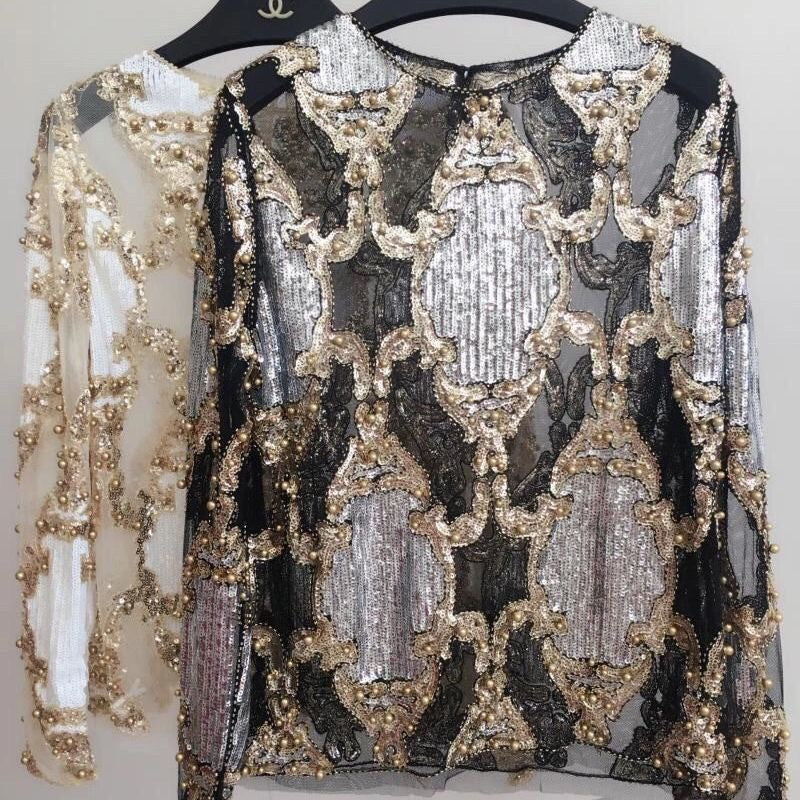Luvéra Perlen Bestickte Pailletten Abnehmen Langarm Pullover Top Frauen