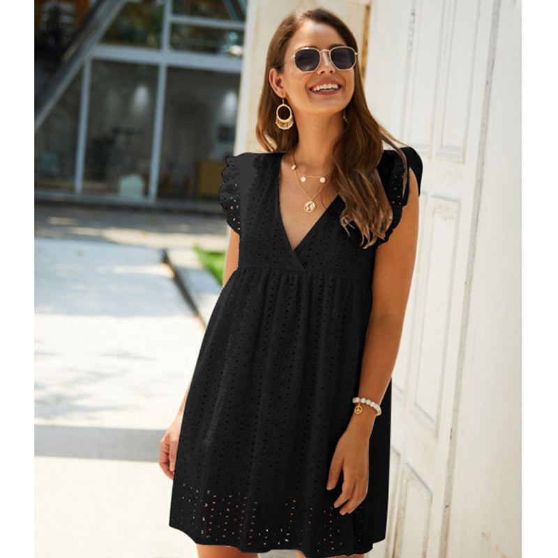 Luvéra Sommer V-Ausschnitt Baumwolle Kurzer Rock Einfarbig Kleid