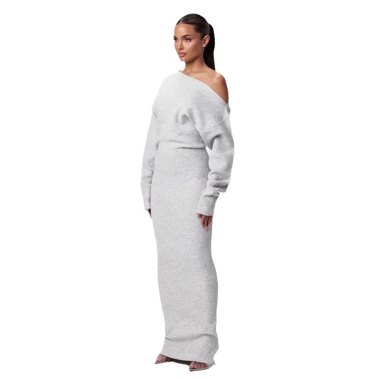 Luvéra Ins Slim Langarm Strickkleid Abendparty Sexy Off-Schulter Bodycon Lange Kleider