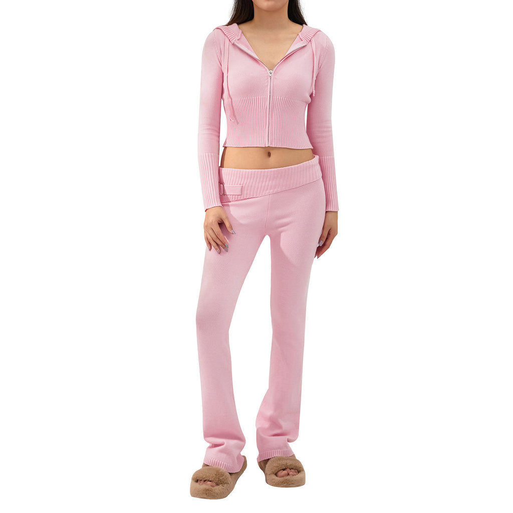 Luvéra Gestrickte Kapuzenanzüge Damen Langarm Strickjacke Und Hohe Taille Hosen Kleidung