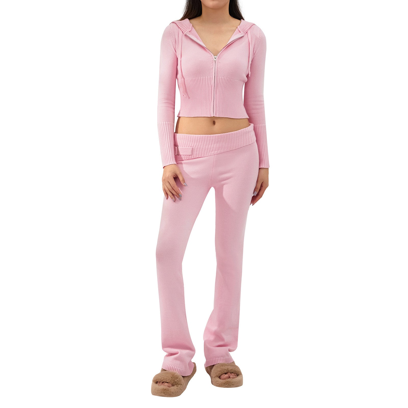 Luvéra Gestrickte Kapuzenanzüge Damen Langarm Strickjacke Und Hohe Taille Hosen Kleidung