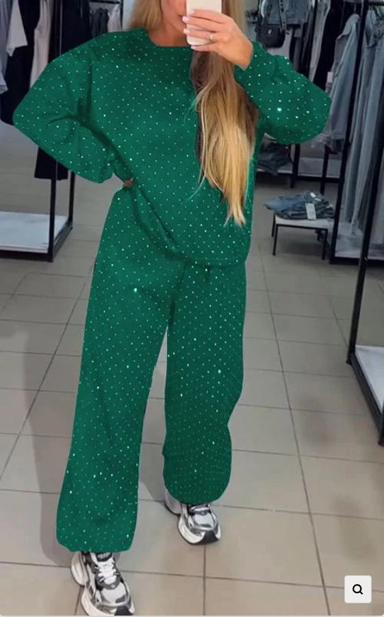 Luvéra Damen Casual Rundhals Drilling Kordelzug Knöchelgebunden Zweiteiler Anzug