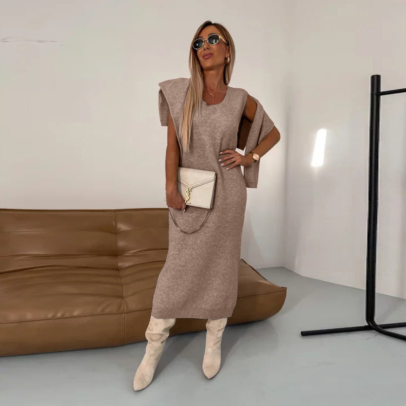 Luvéra Rollkragen Lange Einfarbige Strickkleid Pullover Zweiteiliges Set
