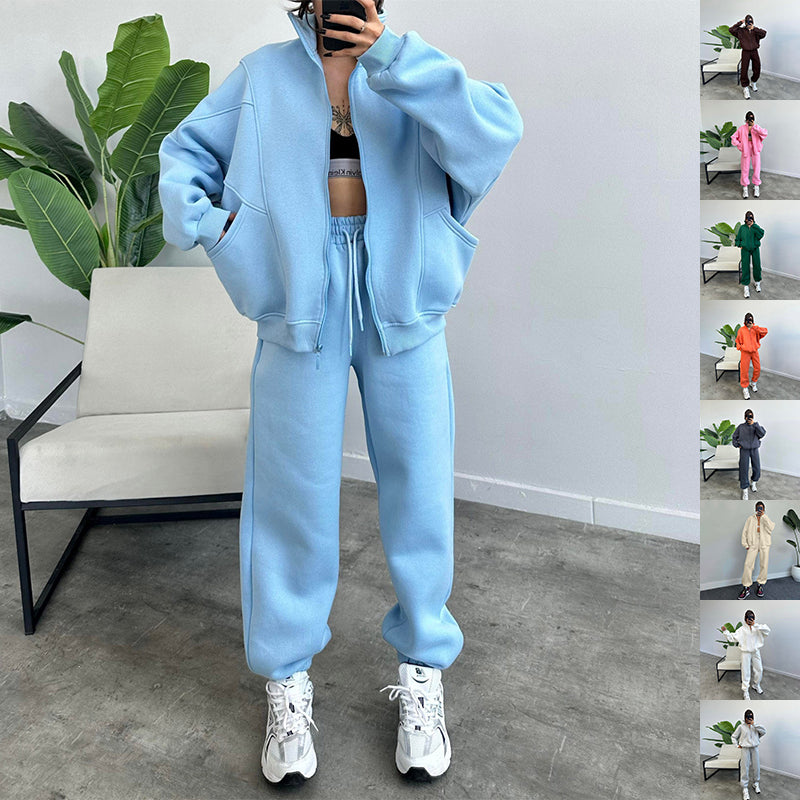Luvéra Sportanzüge mit Taschen Stehkragen Reißverschluss Strickjacke und Kordelzug Hose Mode Jogger Set Outfits Trainingsanzüge Damenbekleidung